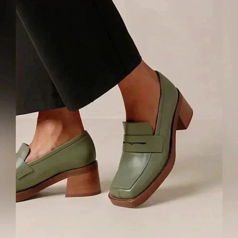 NEW ALOHAS Roxanne Olive Green Leather Oxford Square Toe Loafer Heels Size 42
